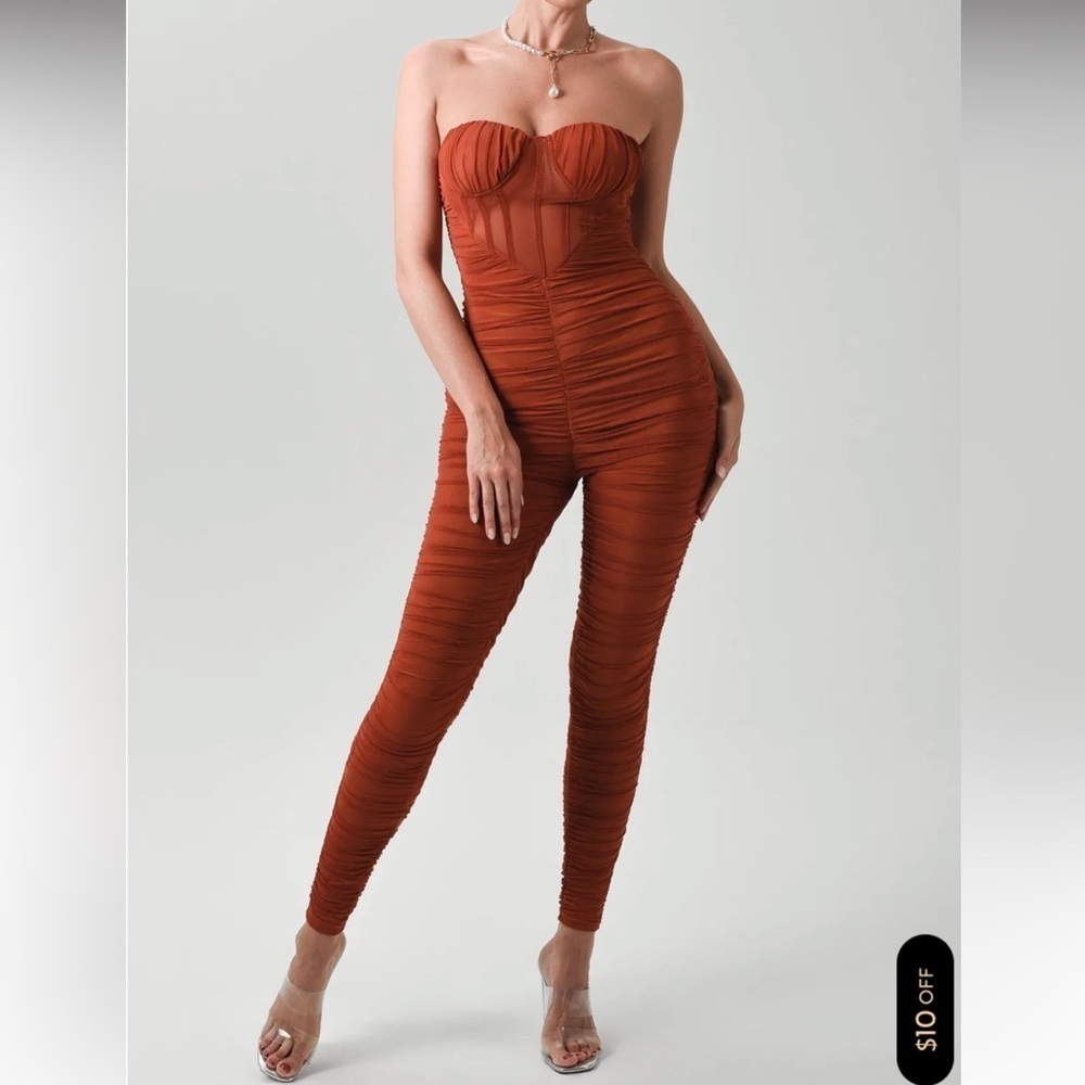 Strapless Ruched Jumpsuit in Rust